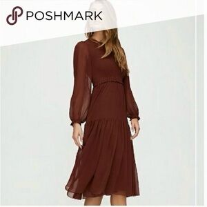 Wilfred Aritzia Rosalyn Smocked Sheer Long Sleeve Midi Dress - Burgundy - Size S